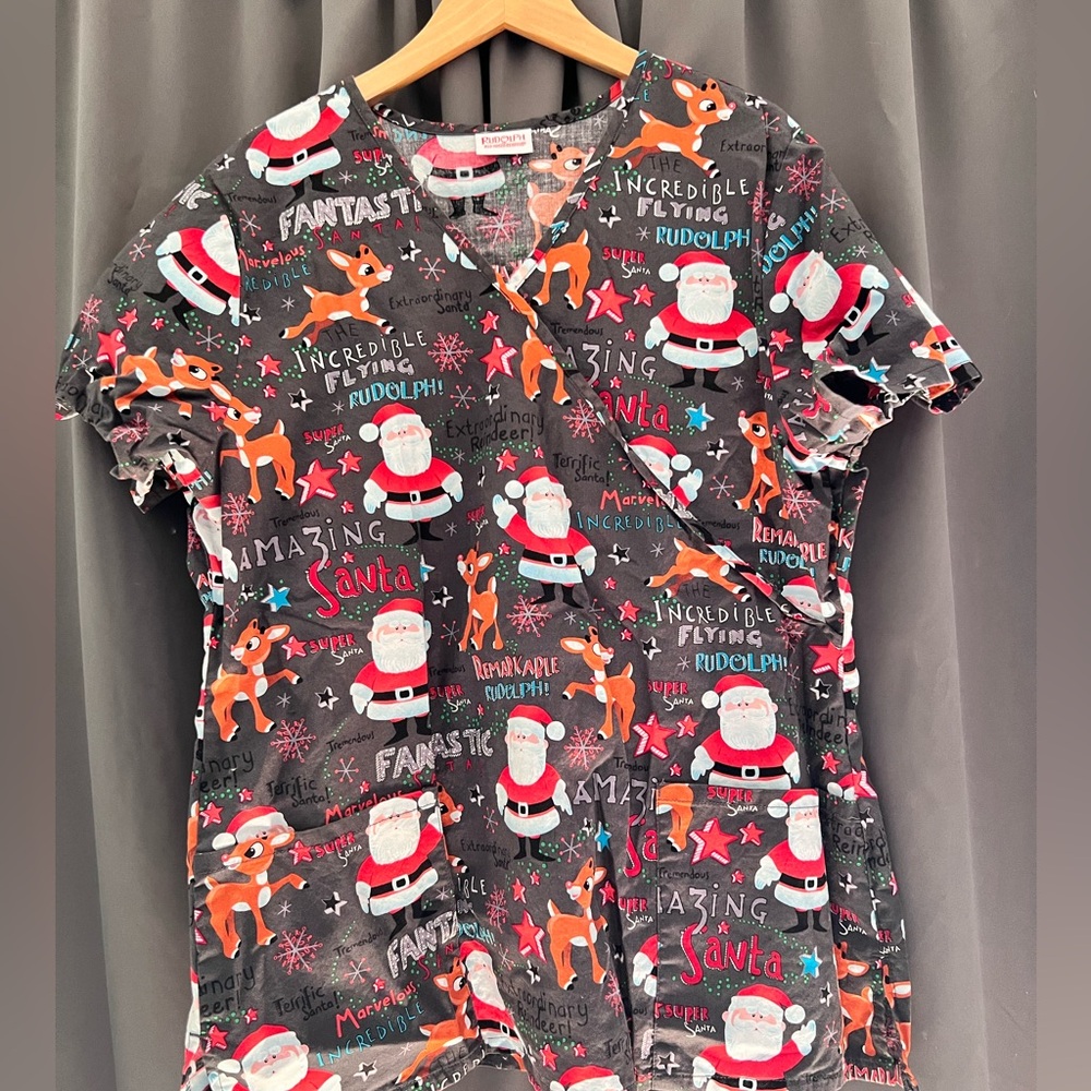 Rudolph, the red nose, reindeer Christmas scrub top